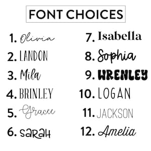May include: A list of 12 font choices for names, including Olivia, Landon, Mila, Brinley, Gracee, Sarah, Isabella, Sophia, Wrenley, Logan, Jackson, and Amelia.