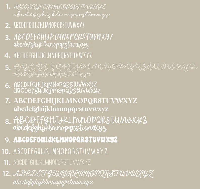 Puede incluir: Un gr&aacute;fico de alfabeto blanco con 12 estilos de letras diferentes. Cada estilo est&aacute; numerado del 1 al 12. Las letras est&aacute;n en may&uacute;sculas y min&uacute;sculas.
