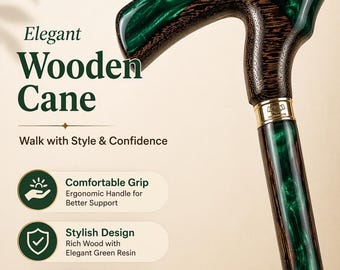 Bastón de madera personalizado, mango ergonómico, elegante collar de resina y metal, regalo para personas mayores.