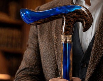Date Palm Wood Walking Cane | Blue Resin Ergonomic Handle, Stylish Support Stick