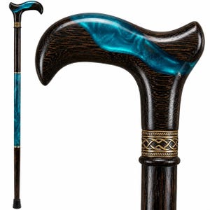 Date Palm Wood Walking Cane | Ocean Blue Resin Derby Handle, Brass Accents