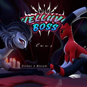 May include: Digital artwork of two animated characters from Helluva Boss. One is a light grey owl-like figure, the other a red imp with black and white horns. The image includes the text "Helluva Boss" and "Love".