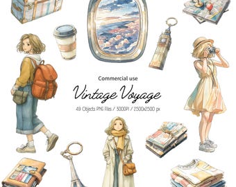 Akvarell reseklippspaket: Semesterklippbok PNG (Kommersiellt bruk, digital nedladdning)