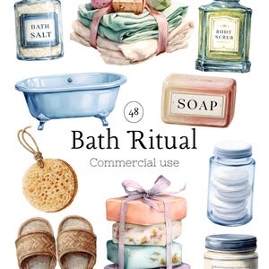 Imágenes prediseñadas de spa para baño en acuarela, paquete PNG de autocuidado, set de ritual de baño con vela, jabón y toalla, ilustración estética de bienestar relajante