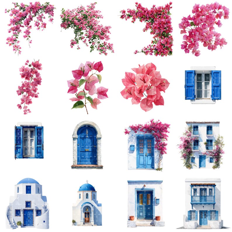 Bougainvillea watercolor clipart with Mediterranean decor style inspired by Santorini summer travel illustration PNG.