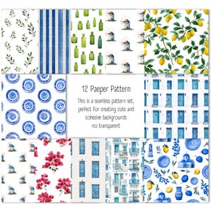 Santorini seamless pattern watercolor featuring Greek island houses and Mediterranean blue white architecture repeat background digital paper.