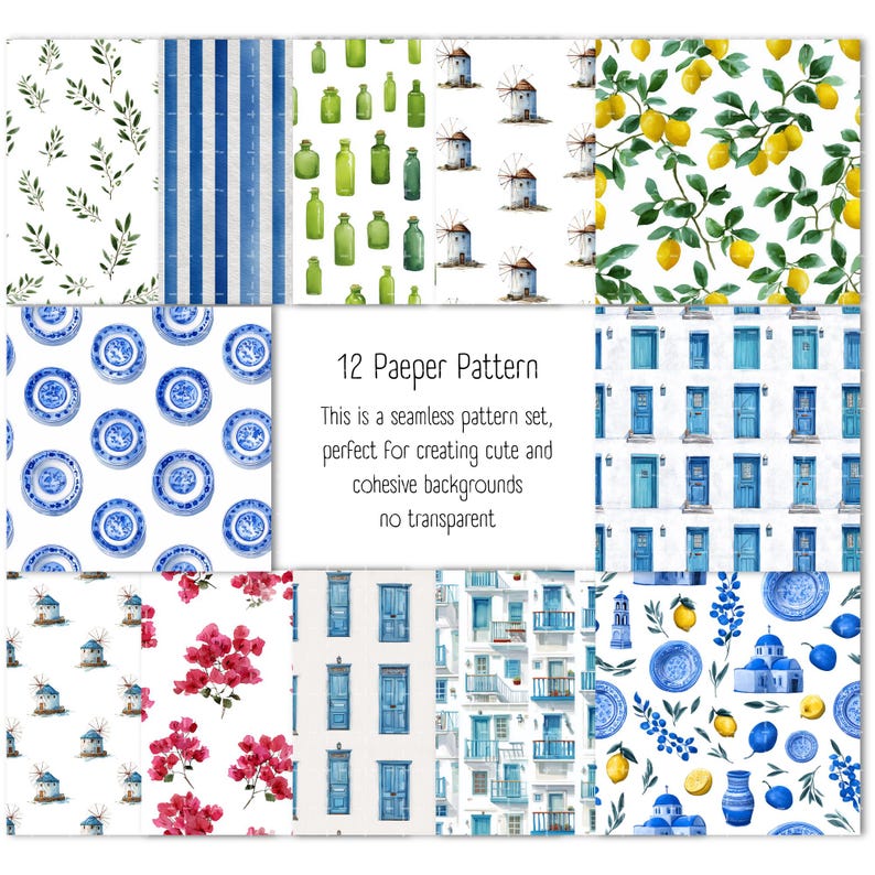 Santorini seamless pattern watercolor featuring Greek island houses and Mediterranean blue white architecture repeat background digital paper.