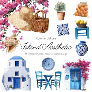 以下が含まれることがあります： 島の美的テーマの水彩イラスト。麦わら帽子、柳のバスケット、貝殻、鉢植えの植物、青と白の陶器、レモン、オレンジ、青いドアのある建物が含まれています。「Island Aesthetic」というテキストも表示されています。