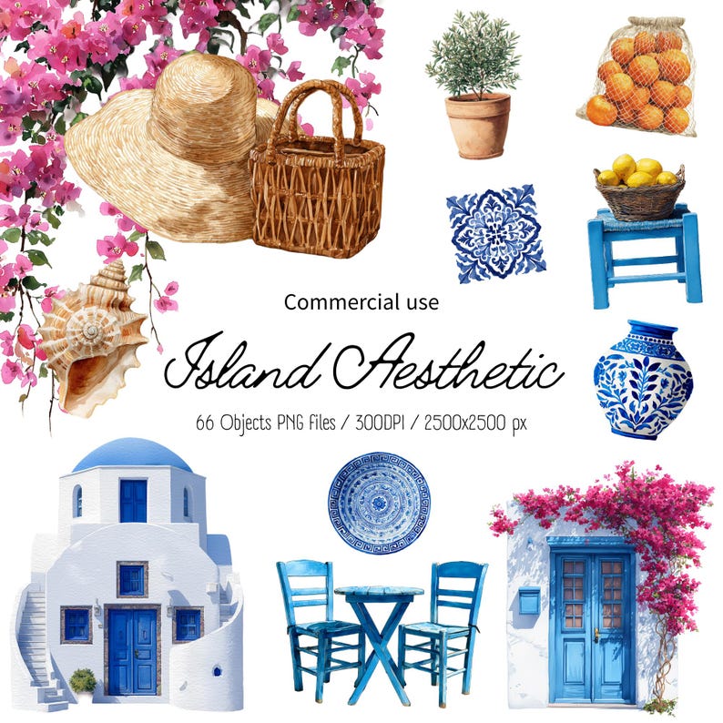 Santorini watercolor clipart set featuring Greek island houses, blue and white architecture, bougainvillea details, Mediterranean travel aesthetic PNG digital download for commercial use.