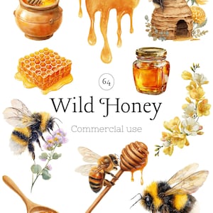 Bumble Bee Clipart Set, Watercolor Honey Bee Floral Illustration PNG for Cottagecore Designs, Botanical Bee Graphics, Commercial Use