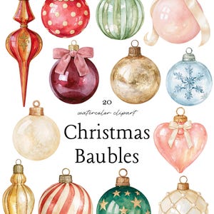 May include: A collection of 20 watercolor Christmas baubles featuring various shapes and designs, including red polka dots, green stripes, pink spheres with bows, gold textures, blue snowflakes, heart shapes, and star patterns.