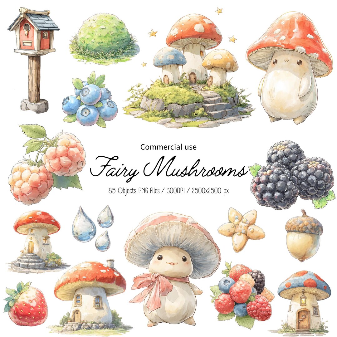 Watercolor Mushroom House Clipart Bundle Fairy Cottage Mushroomcore PNG ...