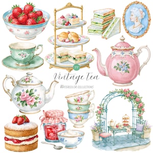 Op de afbeelding: Een verzameling aquarelillustraties met een kom aardbeien, een etagère met drie lagen met gebak en sandwiches, komkommersandwiches, een camee-portret, een roze theepot, een theepot met bloemen, theekopjes, jam en een tuinscène.