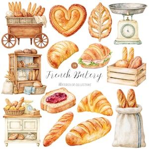 Puede incluir: Una colección de acuarelas de artículos de panadería francesa que incluye un carrito de madera con pan, un pastel en forma de corazón, un pastel en forma de hoja, una báscula de cocina, una caja de madera con baguettes, un sándwich, tostadas con mermelada, croissants y un saco de harina.