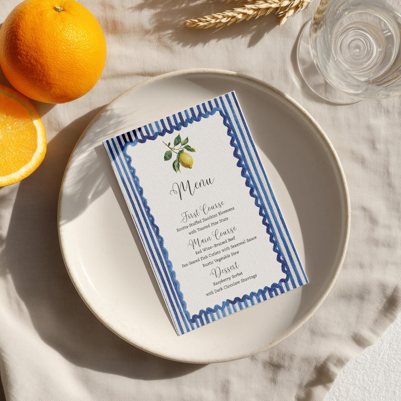 Santorini watercolor clipart menu card mockup on Mediterranean summer table, blue striped border design, lemon illustration printable invitation