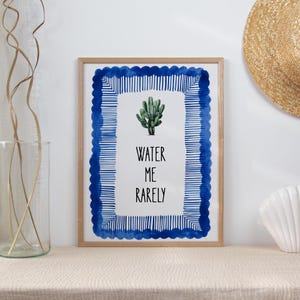 Santorini watercolor clipart wall art mockup with blue Mediterranean frame, cactus illustration and coastal decor aesthetic printable poster