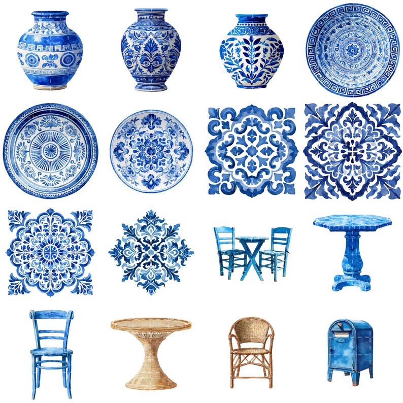 Greek island house watercolor clipart inspired by Santorini architecture with blue white walls and Mediterranean coastal details PNG.