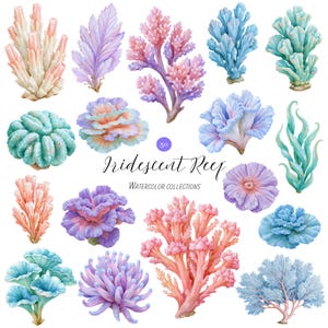 Watercolor Coral Clipart PNG Fantasy Reef Iridescent Ocean Coral Pearl Shimmer Nautical Coastal Graphics Bundle