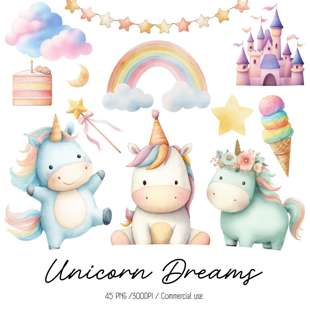 Unicorn Clipart Bundle, Cute Watercolor Unicorn PNG Set, Pastel Unicorn ...