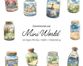 Akvarell glasburk landskap Clipart: Fantasy Flask Illustration PNG Digital Nedladdning Kommersiellt Bruk