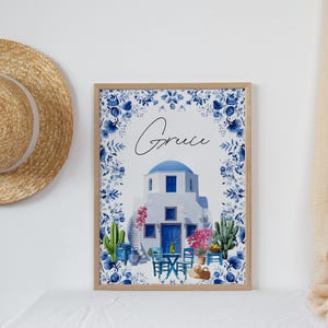 Santorini watercolor clipart framed wall art featuring Greek island house, blue dome architecture, bougainvillea and Mediterranean floral border