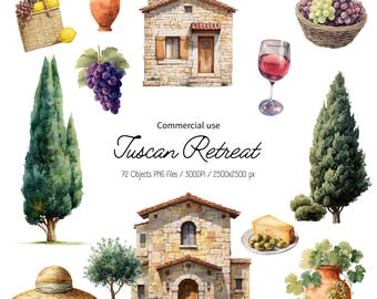 Toscana akvarell Clipart: Italiensk landsbygd PNG-bilder (Kommersiellt bruk)