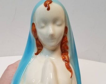 Vintage bedjande Jungfru Maria Madonna Blå & Vit Keramik Planter - Katolsk