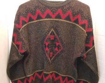 Vintage Bonjour International Sweater Brown Red Gold Geometric Design Retro 80's