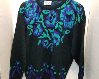 Vintage 80's Helen Sue Black Purple Green Floral Knit Sweater USA