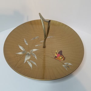 Catalina Gold Lacquerware Triangle Handled Serving Tray Butterfly Hand Painted