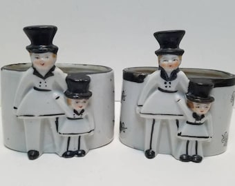 2 Vintage Art Deco Black & White Ceramic Planters Figural Planters 50's Japan