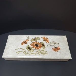 Vintage Padded Vinyl Glove Hanky Trinket Vanity Dresser Box Gold Orange Flowers