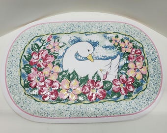 4 Vintage Vinyl Placemats Goose Geese Country Farmhouse Pastel Flowers 90s
