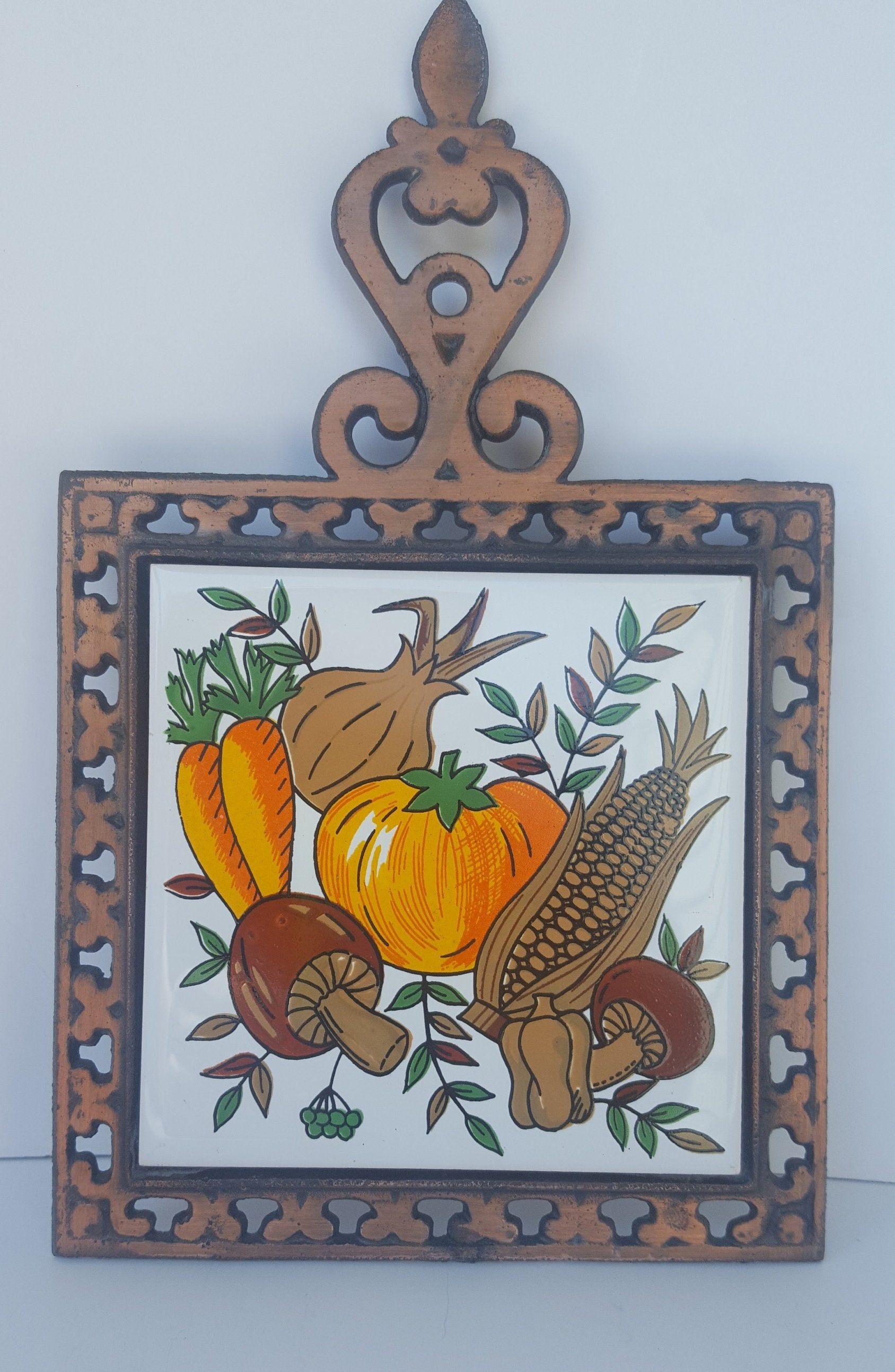 Vintage Ceramic Tile Cast Iron Trivet Hanging Vegetable Mushroom Copper Look 70s