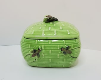 Vintage Green Olive, Cherry Pits Container Bee Hive Basket Weave With Bees Flies