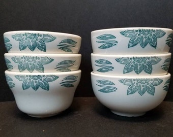 6 Vintage Restaurant Ware Dipping Sauce Bowl Stenciled Teal Flower Leaves