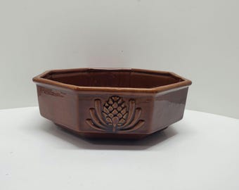 Vintage Brown Haeger Pottery Hexagon Shallow Planter Pinecone Wheat Artichoke