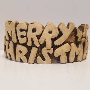 Vintage 3D Carved Wooden "Merry Christmas" Words Planter Bowl Dish 70s