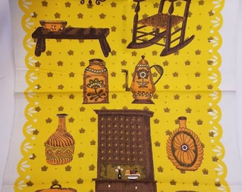 2 Vintage Linen Tea Towel Kitsch Yellow Colonial Home Primitives Textiles 60s