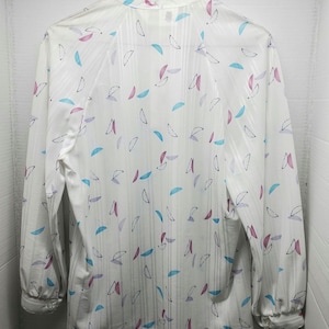 Vintage Devon Womens Geometric Printed Small Blouse Secretary High Collar 80s