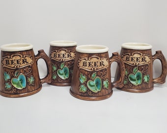 Vintage Treasure Craft Beer Stein Mug Wood Grain Style Blue & Green Glaze Apple