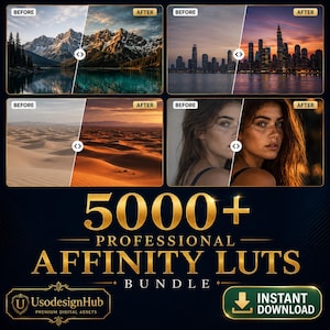 May include: A digital product bundle featuring 5000+ professional Affinity LUTs with before and after comparison images of mountain landscapes, city skylines, desert dunes, and portraits. The text reads 5000+ PROFESSIONAL AFFINITY LUTS BUNDLE.