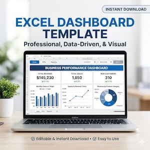 May include: A MacBook displaying an Excel dashboard template. The screen shows a business performance dashboard with charts and data visualizations. Text on the screen includes "Total Revenue," "Total Sales," and "New Customers." The image also includes the text "Excel Dashboard Template."