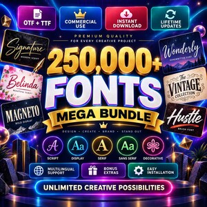 250,000 Fonts Mega Bundle, Script Serif Display Styles (Digital Download)