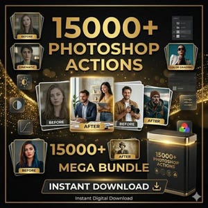 May include: A promotional image for a digital product, featuring the text "15000+ Photoshop Actions" in gold lettering. The image includes before and after examples of photo editing, with a black and gold box labeled "15000+ Photoshop Actions Mega Bundle". The words "Instant Download" are also visible.