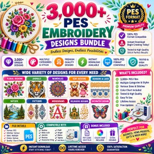 3000+ PES Embroidery Designs Bundle, Floral, Animals, Mandalas (Digital Download)