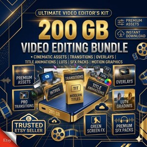 May include: A digital video editing bundle with 200 GB of assets, including cinematic assets, transitions, overlays, title animations, LUTs, SFX packs, and motion graphics. The image features a blue and gold design with the text "ULTIMATE VIDEO EDITOR'S KIT".