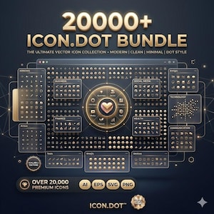 Può includere: Grafica digitale che mostra una raccolta di oltre 20.000 icone vettoriali. Il design presenta uno sfondo blu scuro con accenti dorati, incluso il testo "20000+ ICON.DOT BUNDLE". Vengono visualizzate varie categorie di icone, come affari, social media e tecnologia.