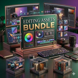 May include: A digital editing assets bundle display featuring a central sign with the text EDITING ASSETS BUNDLE, surrounded by computer monitors, a keyboard, camera lenses, and three glass display cubes containing various media and texture samples.