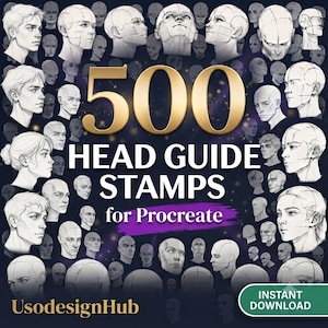 May include: A digital collection of 500 head guide stamps for Procreate featuring numerous pencil-style sketches of human heads in various angles and perspectives, with the text 500 HEAD GUIDE STAMPS for Procreate and UsodesignHub visible.